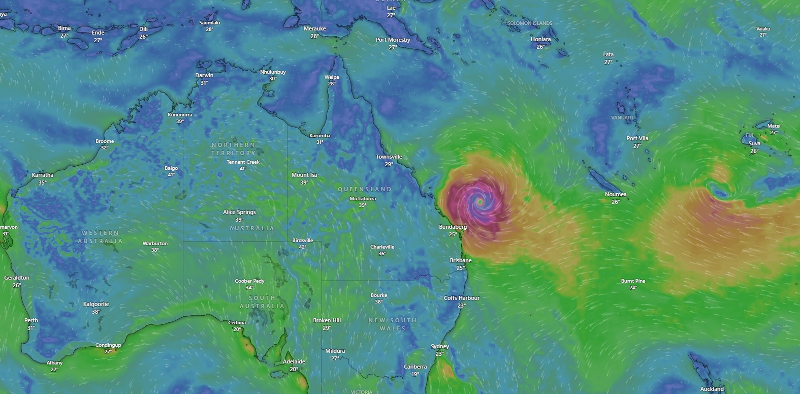 Weather map of Queensland coast with Cyclone Alfred near the coast