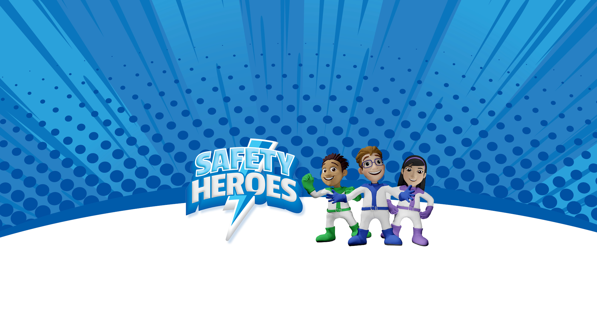 3 cartoon kids dressed up as safety heroes