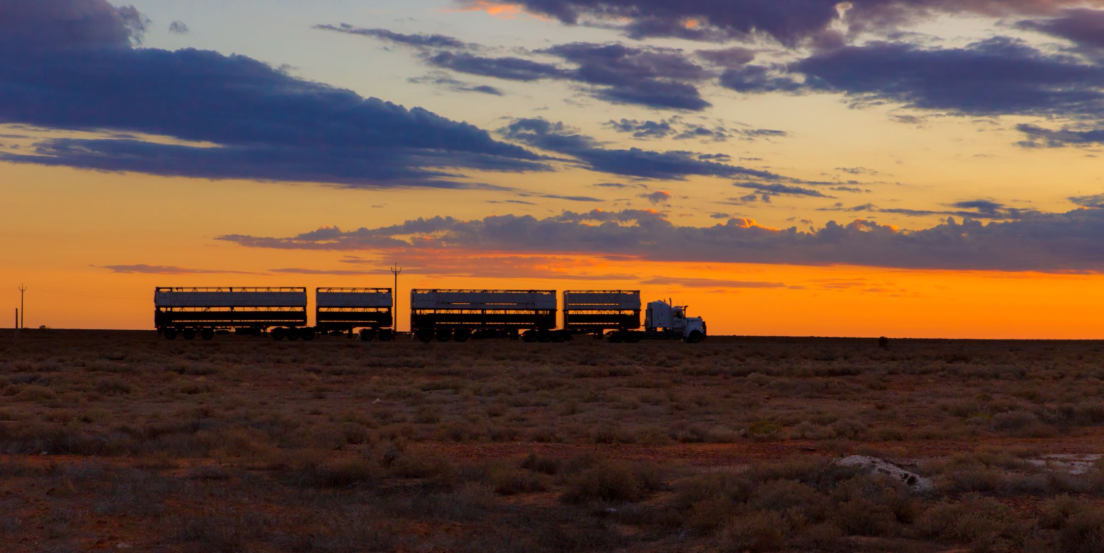 Road train at sunset in the country
