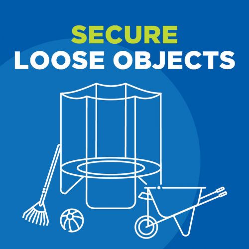 Secure loose objects as infographic with trampoline and outdoor items