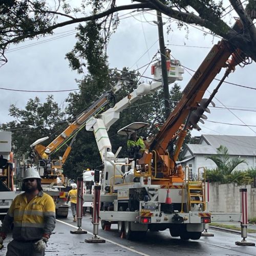 Field crews at work on a street with cherry pickers