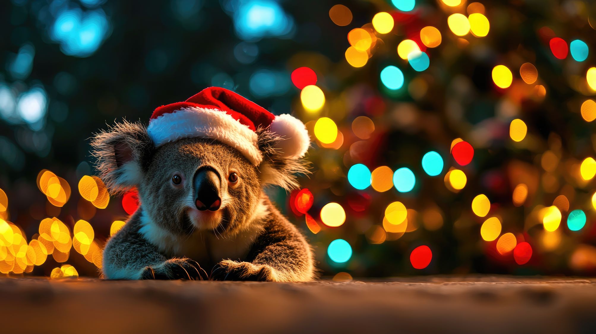  A koala with a santa hat on with christmas lights in the background