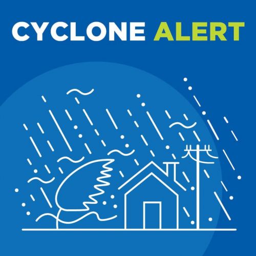 Cyclone alert infographic with a house, trees and rain